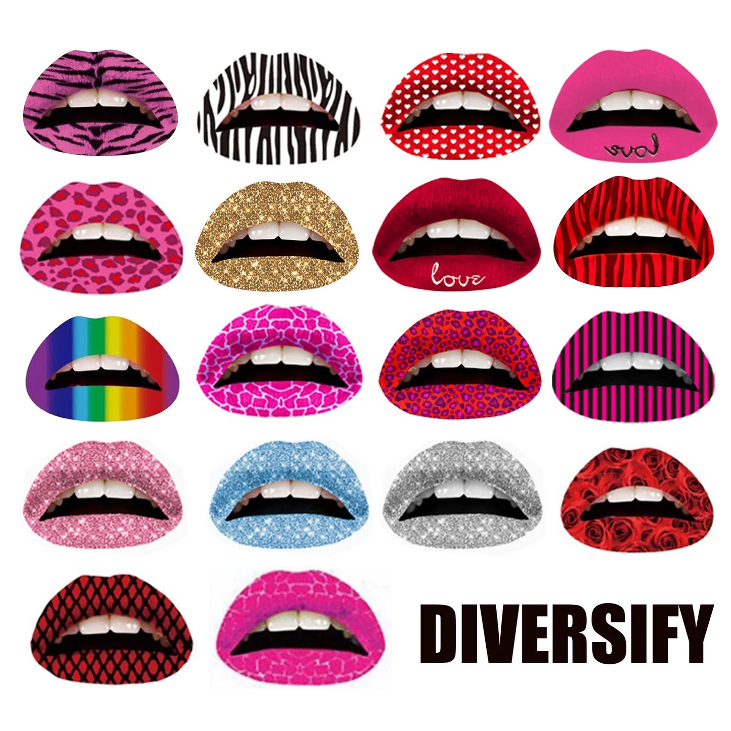 Lip Tattoo Stickers Pack (10 Pcs) — 18 Mix Designs, Instant Glam
