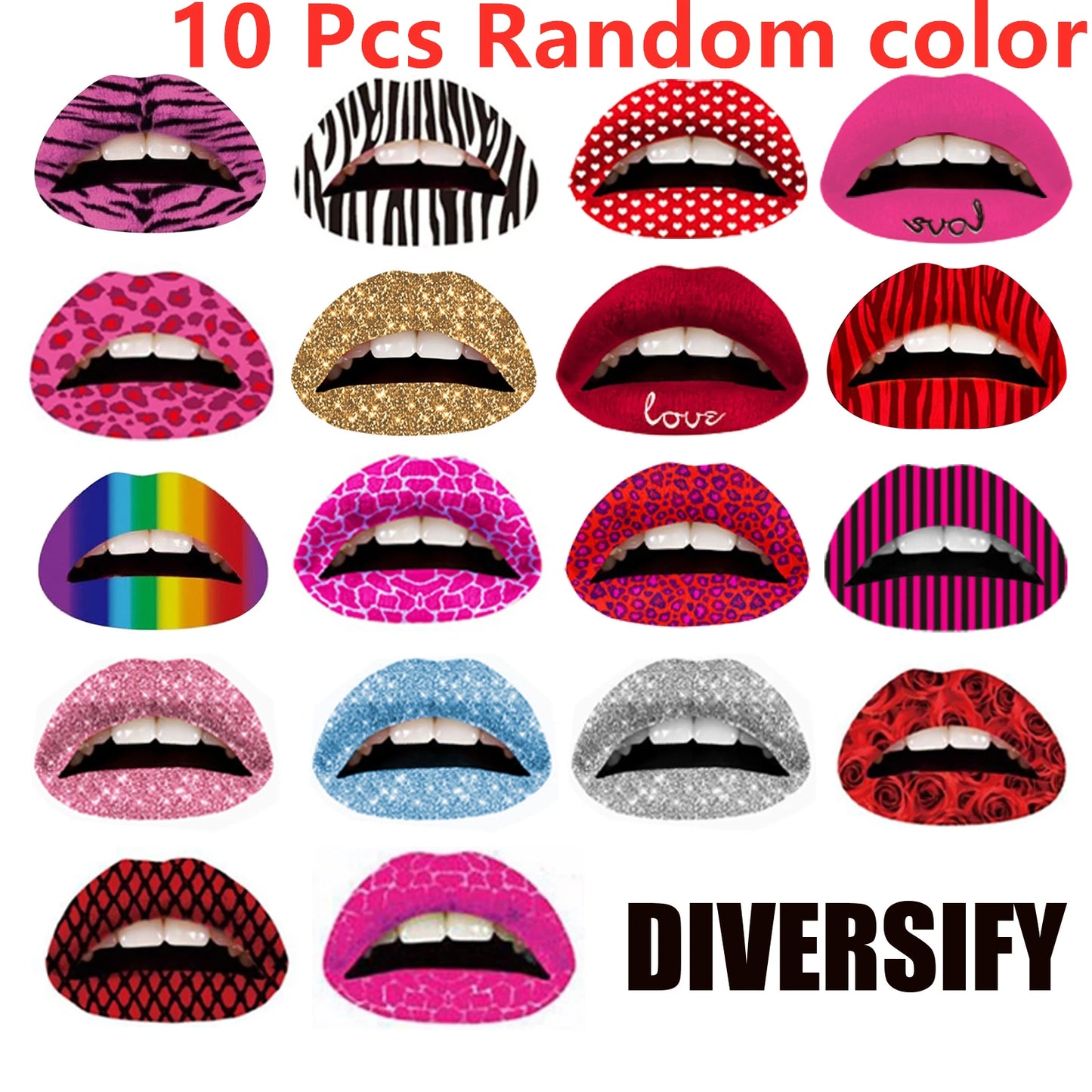 Lip Tattoo Stickers Pack (10 Pcs) — 18 Mix Designs, Instant Glam